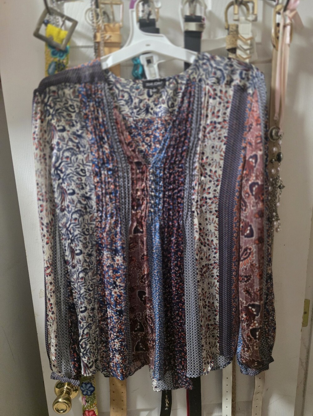 Dear John Mixed Print Peasant Blouse in Navy and Burgundy